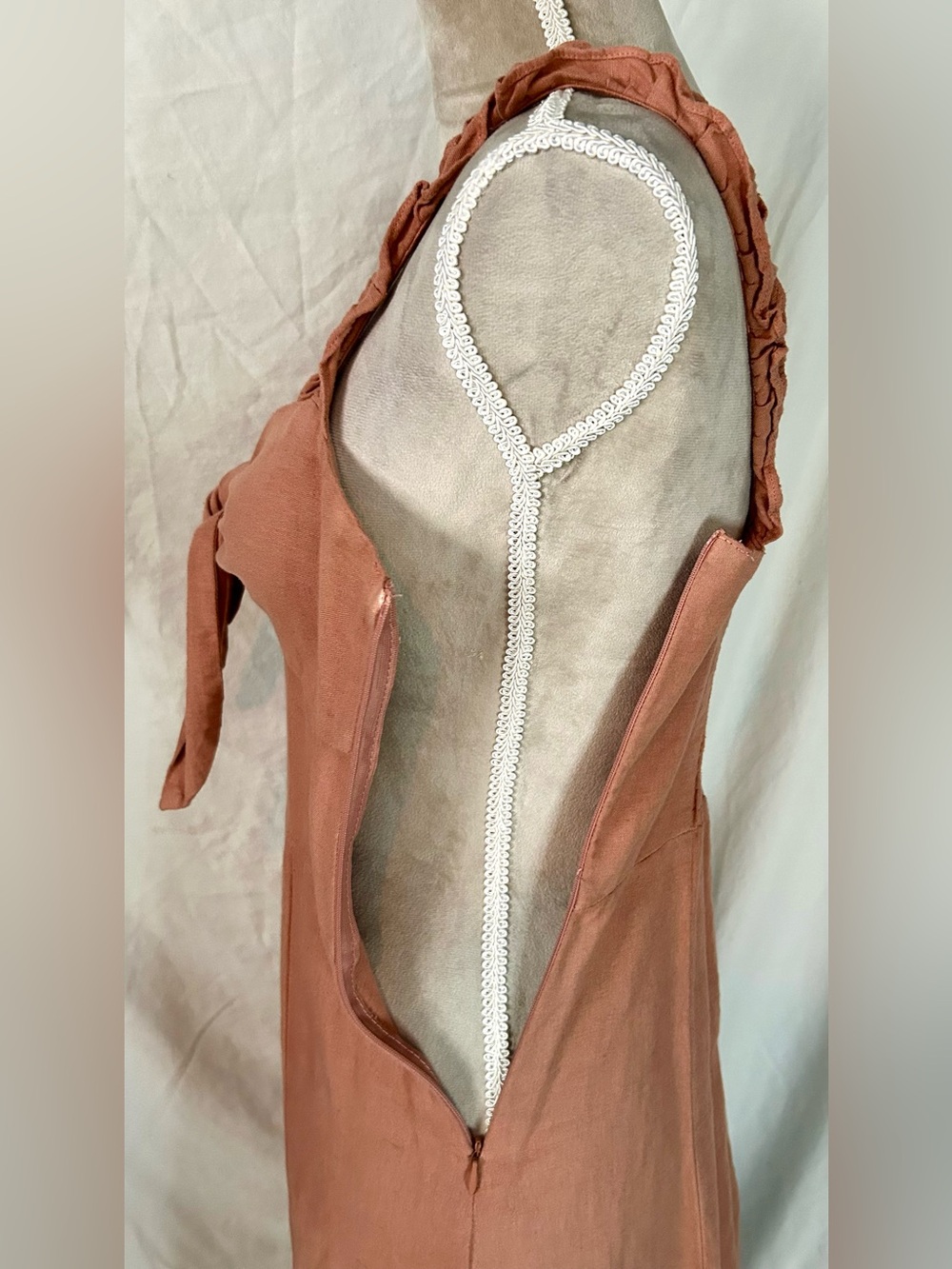 Zara Terracotta Ruffle Bow Linen/Cotton Blend Midi Dress, Size S - Picture 13 of 16